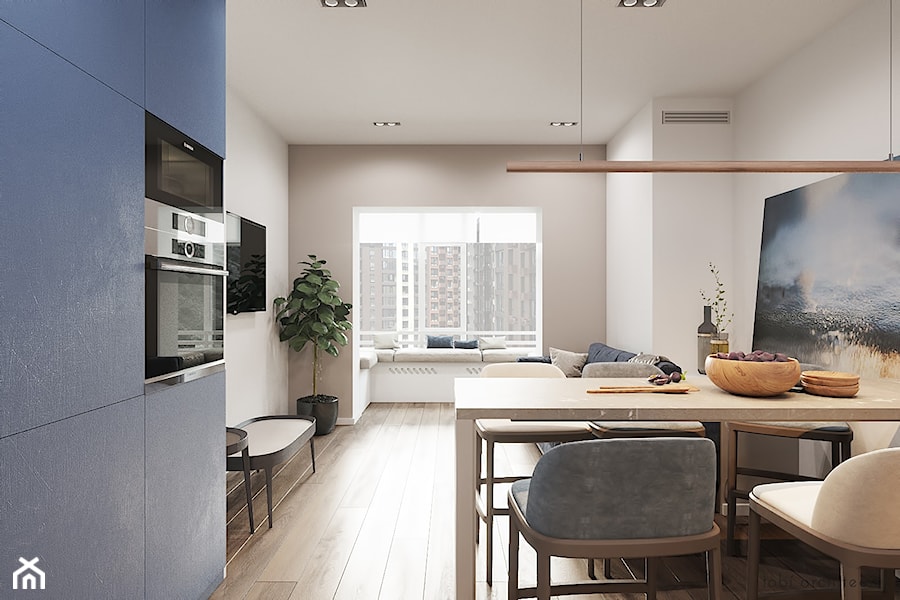 Light & Blue - Mała otwarta z salonem biała z zabudowaną lodówką kuchnia jednorzędowa z oknem, styl minimalistyczny - zdjęcie od Tobi Architects