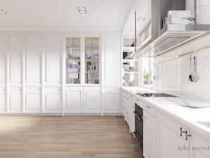 CHERRY MOOD - Duża otwarta z salonem biała z zabudowaną lodówką z nablatowym zlewozmywakiem kuchnia w kształcie litery l z oknem z marmurem nad blatem kuchennym, styl tradycyjny - zdjęcie od Tobi Architects