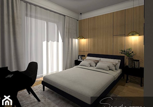 Elegancka sypialnia z dodatkiem czerni i ciepłego drewna - zdjęcie od sandroom