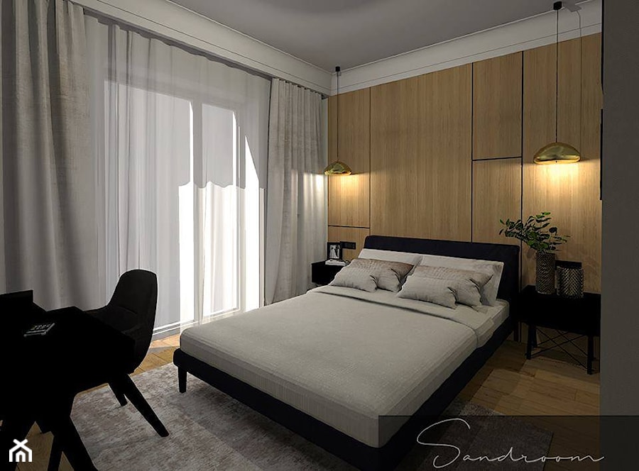 Elegancka sypialnia z dodatkiem czerni i ciepłego drewna - zdjęcie od sandroom