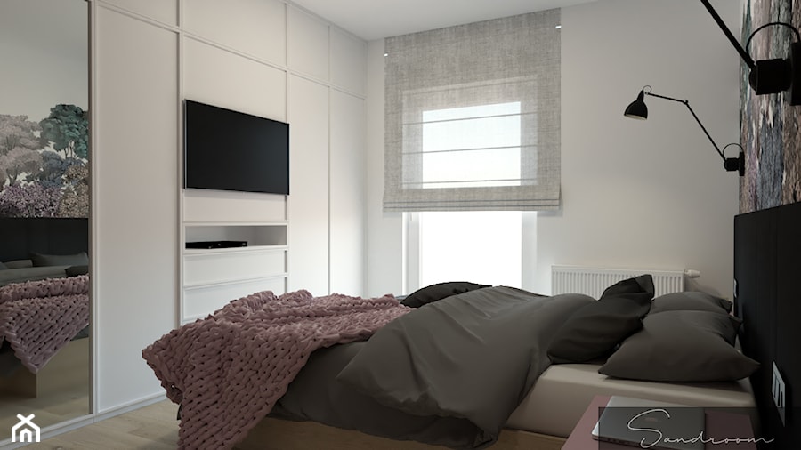 Sypialnia z tapicerowaną ścianą oraz fototapetą z motywem roślinnym - zdjęcie od sandroom