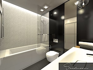 Elegancka łazienka z dodatkiem czerni i ciepłego drewna - zdjęcie od sandroom