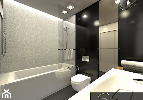Elegancka łazienka z dodatkiem czerni i ciepłego drewna - zdjęcie od sandroom