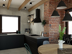 Czarna kuchnia z betonem oraz drewnem - zdjęcie od sandroom