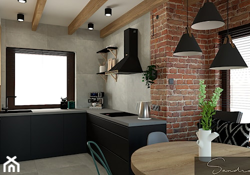 Czarna kuchnia z betonem oraz drewnem - zdjęcie od sandroom