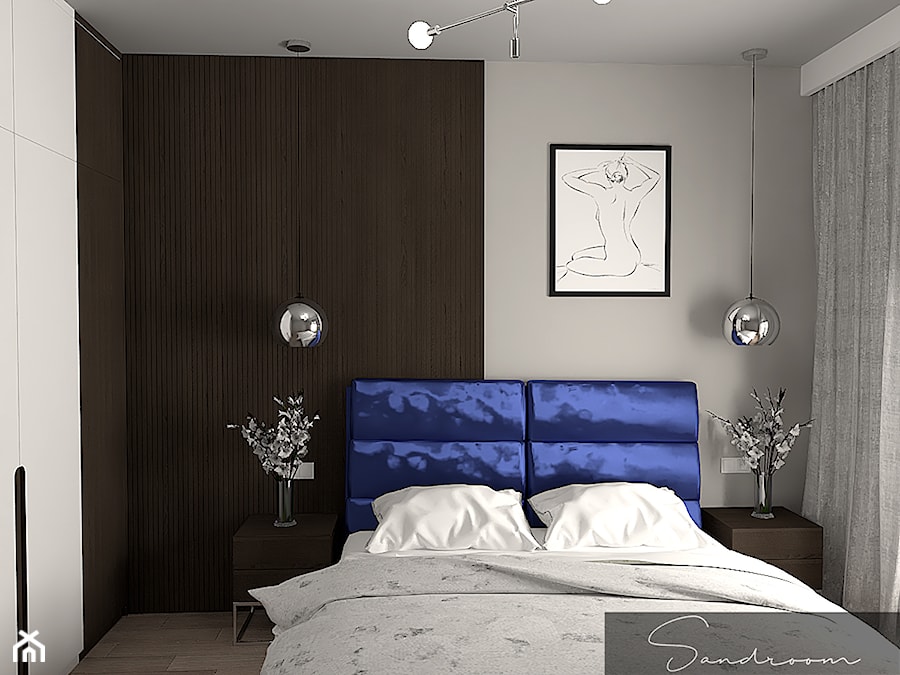 Sypialnia z granatowym, welurowym łóżkiem - zdjęcie od sandroom