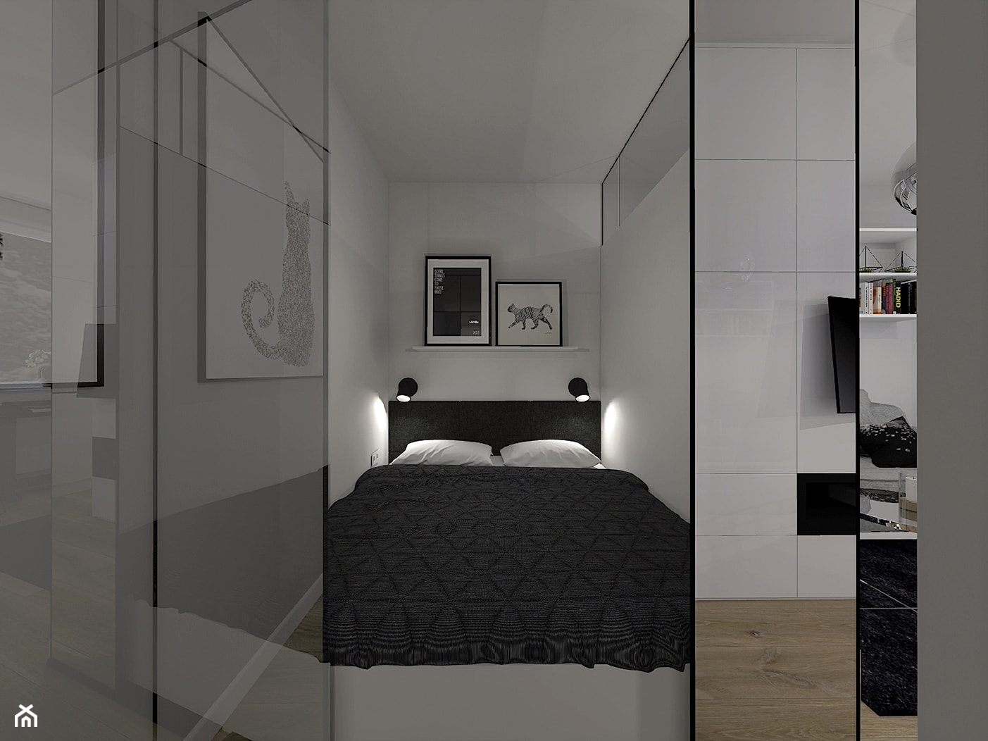 Wyodrębniona sypialnia w salonie o wymiarach 160x200 cm z lustrzanymi, zewnętrzymi frontami - zdjęcie od sandroom - Homebook