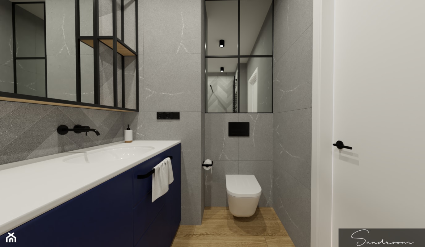 Łazienka w szarościach, z granatem oraz z elementami w stylu loft - zdjęcie od sandroom - Homebook
