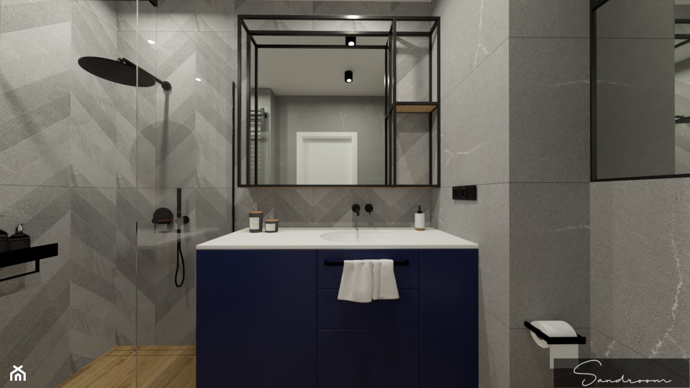 Łazienka w szarościach, z granatem oraz z elementami w stylu loft - zdjęcie od sandroom - Homebook