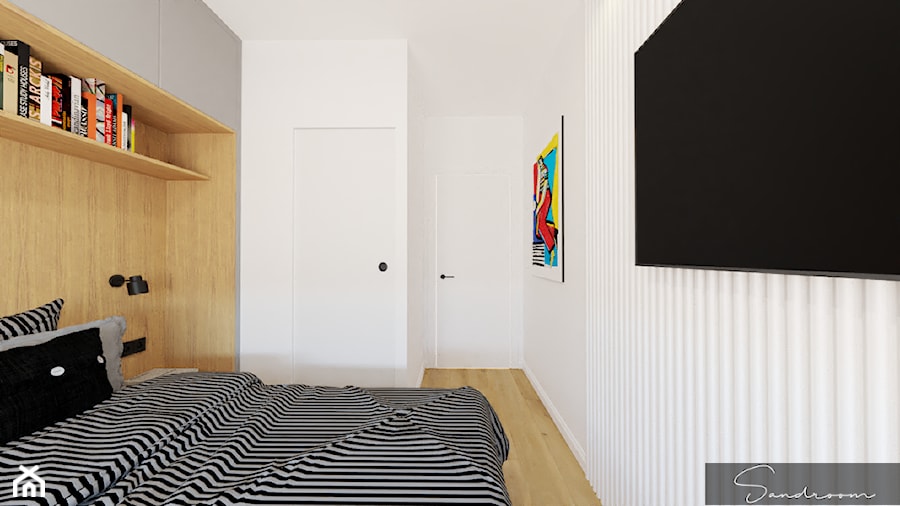 Sypialnia z zabudową nad łóżkiem oraz z garderobą - zdjęcie od sandroom