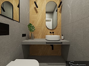 WC w szarościach, z drewnem oraz z elementami w stylu loft - zdjęcie od sandroom