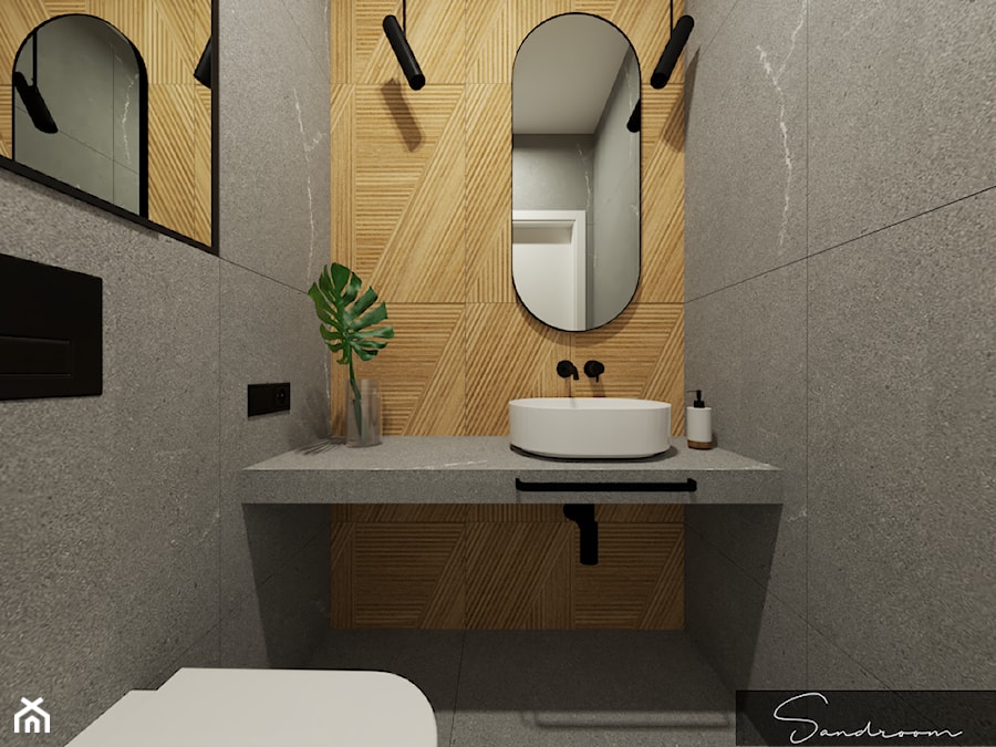 WC w szarościach, z drewnem oraz z elementami w stylu loft - zdjęcie od sandroom