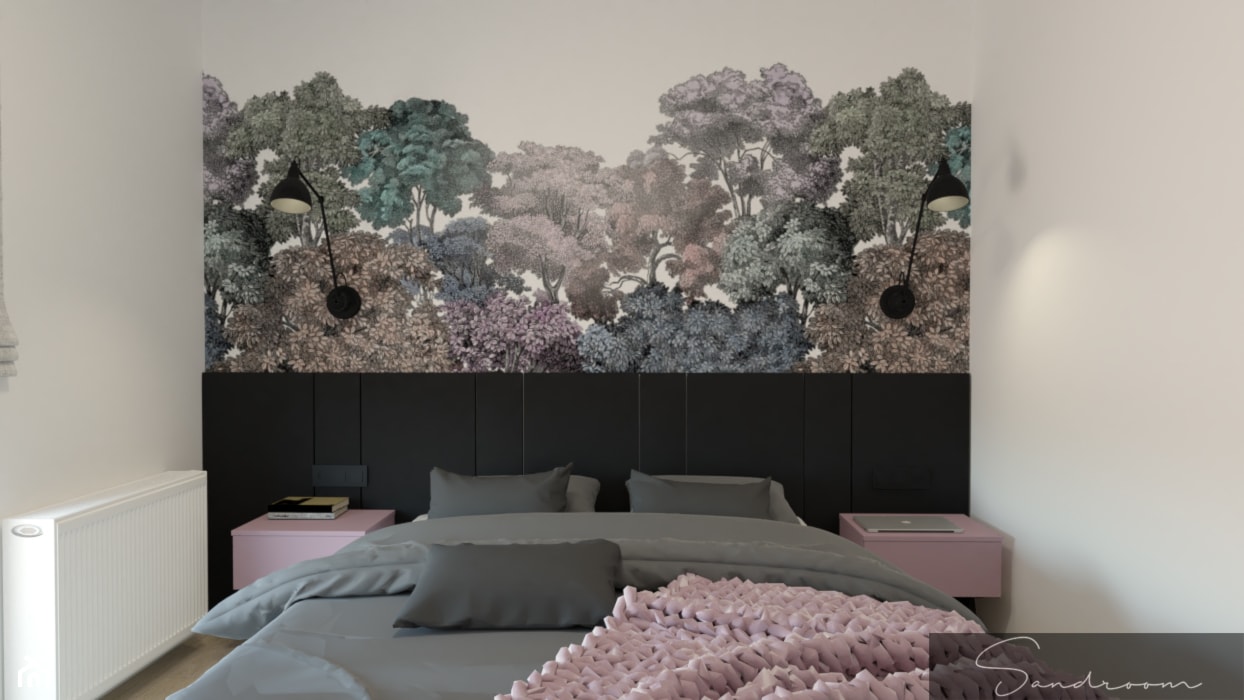Sypialnia z tapicerowaną ścianą oraz fototapetą z motywem roślinnym - zdjęcie od sandroom - Homebook