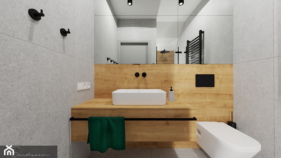Nowoczesna łazienka z drewnem i szarością - zdjęcie od sandroom