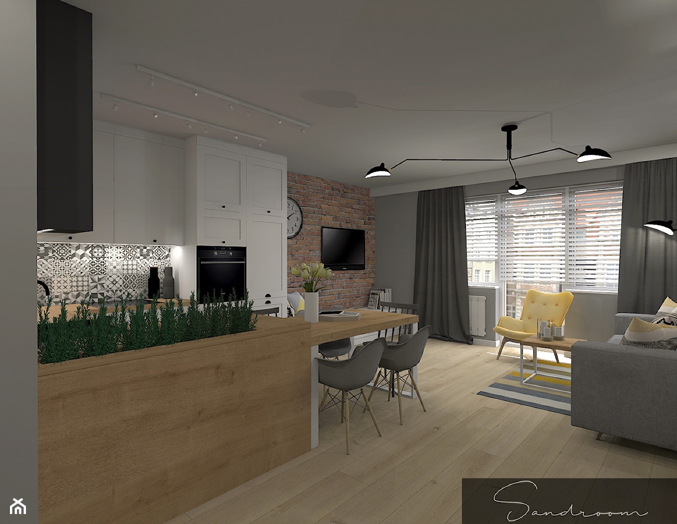 Przytulny salon z kuchnią w stylu skandynawskim - zdjęcie od sandroom - Homebook