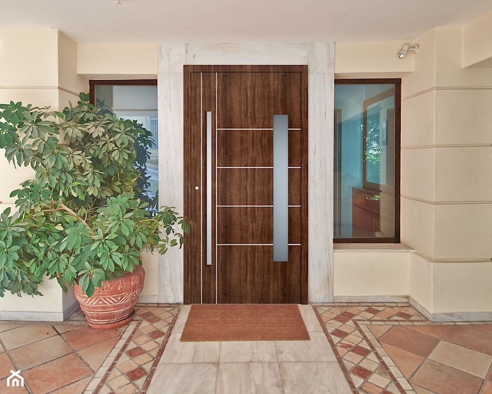 drewniane drzwi wejściowe, drzwi wejściowe z aluminiowymi elementami