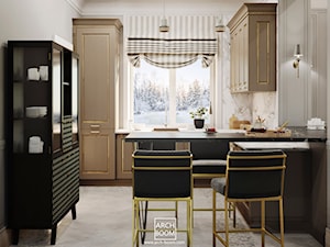 Dom w stylu art-deco - Średnia zamknięta szara z zabudowaną lodówką z nablatowym zlewozmywakiem kuchnia w kształcie litery u z oknem z marmurem nad blatem kuchennym, styl glamour - zdjęcie od ARCH-BOOM