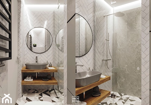 Wystrój łazienki z jasnymi płytkami cegiełkami i płytkami ze wzorem geometrycznym - zdjęcie od ARCH-BOOM