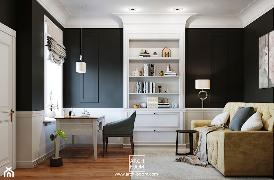 Dom w stylu art-deco - Średnie w osobnym pomieszczeniu z sofą białe czarne biuro, styl tradycyjny - zdjęcie od ARCH-BOOM