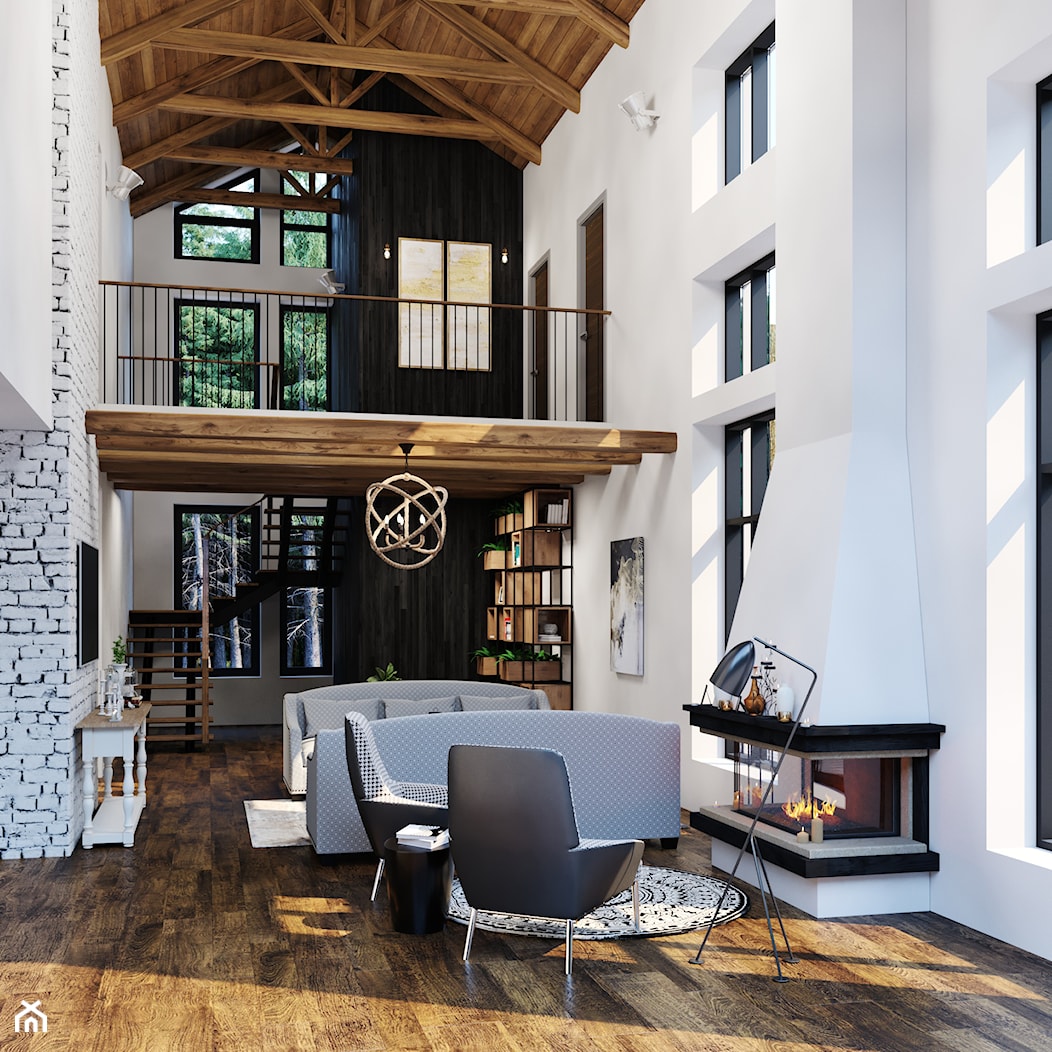 Dom w stylu rustykalnym - Średni biały salon z antresolą, styl rustykalny - zdjęcie od ARCH-BOOM - Homebook