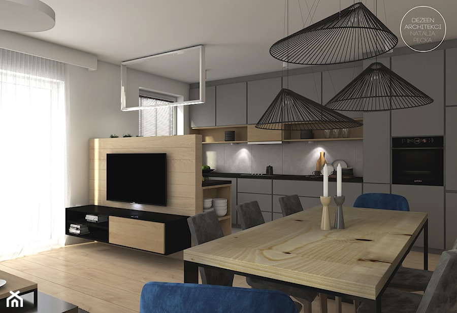 Mieszkanie w stylu skandynawskim - Średnia biała jadalnia w salonie w kuchni, styl skandynawski - zdjęcie od DEZEEN ARCHITEKCI Natalia Pęcka