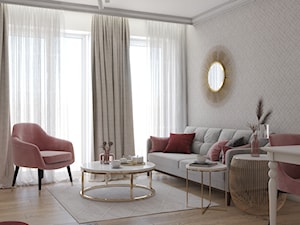 Pastelowe mieszkanie w stylu angielskim - Średni beżowy biały szary salon z jadalnią, styl glamour - zdjęcie od DEZEEN ARCHITEKCI Natalia Pęcka