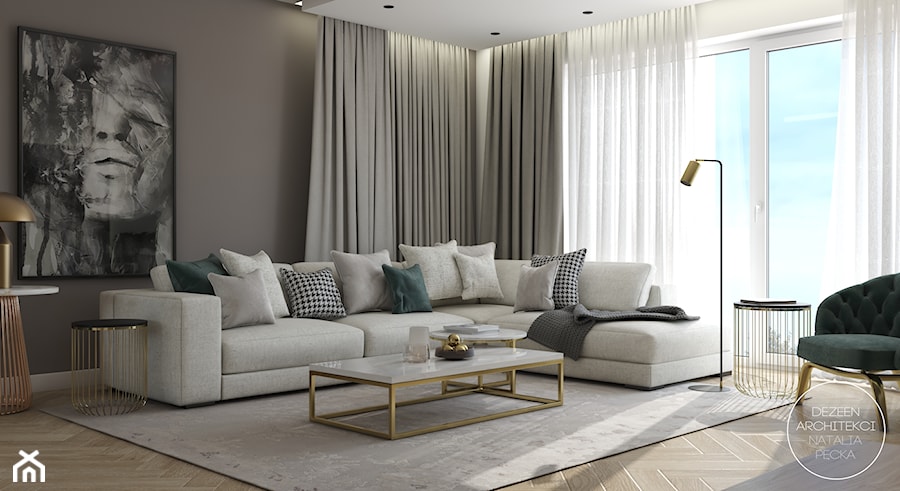 Mieszkanie w stylu nowojorskim ze złotymi dodatkami - Średni biały szary salon, styl glamour - zdjęcie od DEZEEN ARCHITEKCI Natalia Pęcka