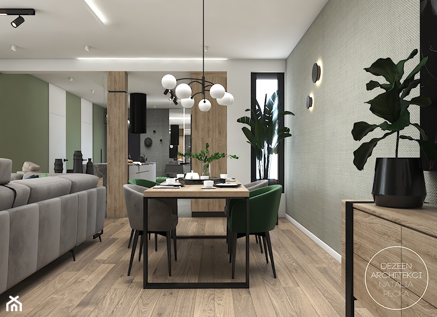 Mieszkanie z nowoczesną i przestronną kuchnią - Średnia biała zielona jadalnia w salonie, styl nowoczesny - zdjęcie od DEZEEN ARCHITEKCI Natalia Pęcka