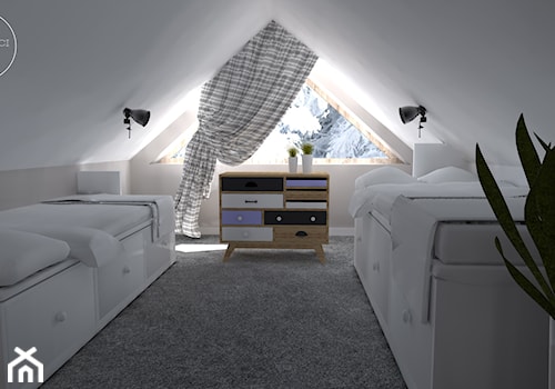Apartament na poddaszu w Zakopanem - Średnia beżowa sypialnia na poddaszu, styl skandynawski - zdjęcie od DEZEEN ARCHITEKCI Natalia Pęcka