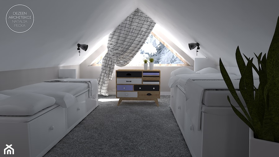 Apartament na poddaszu w Zakopanem - Średnia beżowa sypialnia na poddaszu, styl skandynawski - zdjęcie od DEZEEN ARCHITEKCI Natalia Pęcka