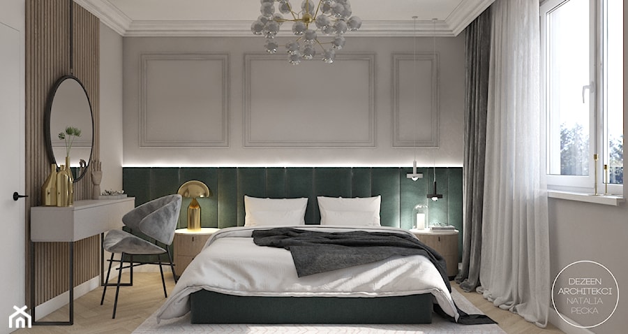 Mieszkanie w stylu nowojorskim ze złotymi dodatkami - Duża szara z panelami tapicerowanymi sypialnia, styl glamour - zdjęcie od DEZEEN ARCHITEKCI Natalia Pęcka