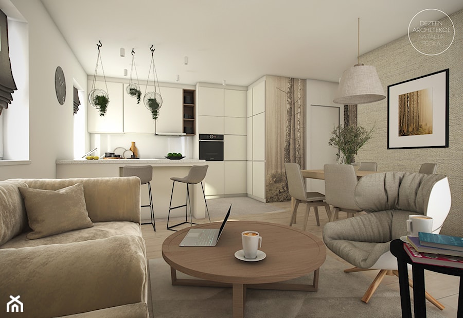 Mieszkanie w naturalnych barwach - Średni beżowy biały salon z kuchnią z jadalnią, styl nowoczesny - zdjęcie od DEZEEN ARCHITEKCI Natalia Pęcka
