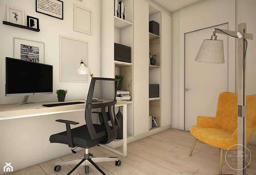 Mieszkanie w naturalnych barwach - Małe w osobnym pomieszczeniu z zabudowanym biurkiem białe biuro, styl nowoczesny - zdjęcie od DEZEEN ARCHITEKCI Natalia Pęcka