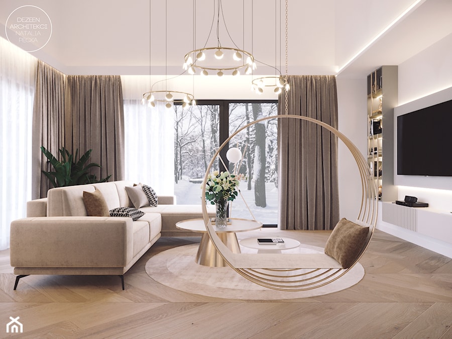 Przytulne, eleganckie wnętrze domu w beżu i złocie - Salon, styl nowoczesny - zdjęcie od DEZEEN ARCHITEKCI Natalia Pęcka