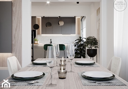 Ponadczasowe kuchnia i salon z charakterystycznym oliwkowym kolorem - Jadalnia - zdjęcie od DEZEEN ARCHITEKCI Natalia Pęcka