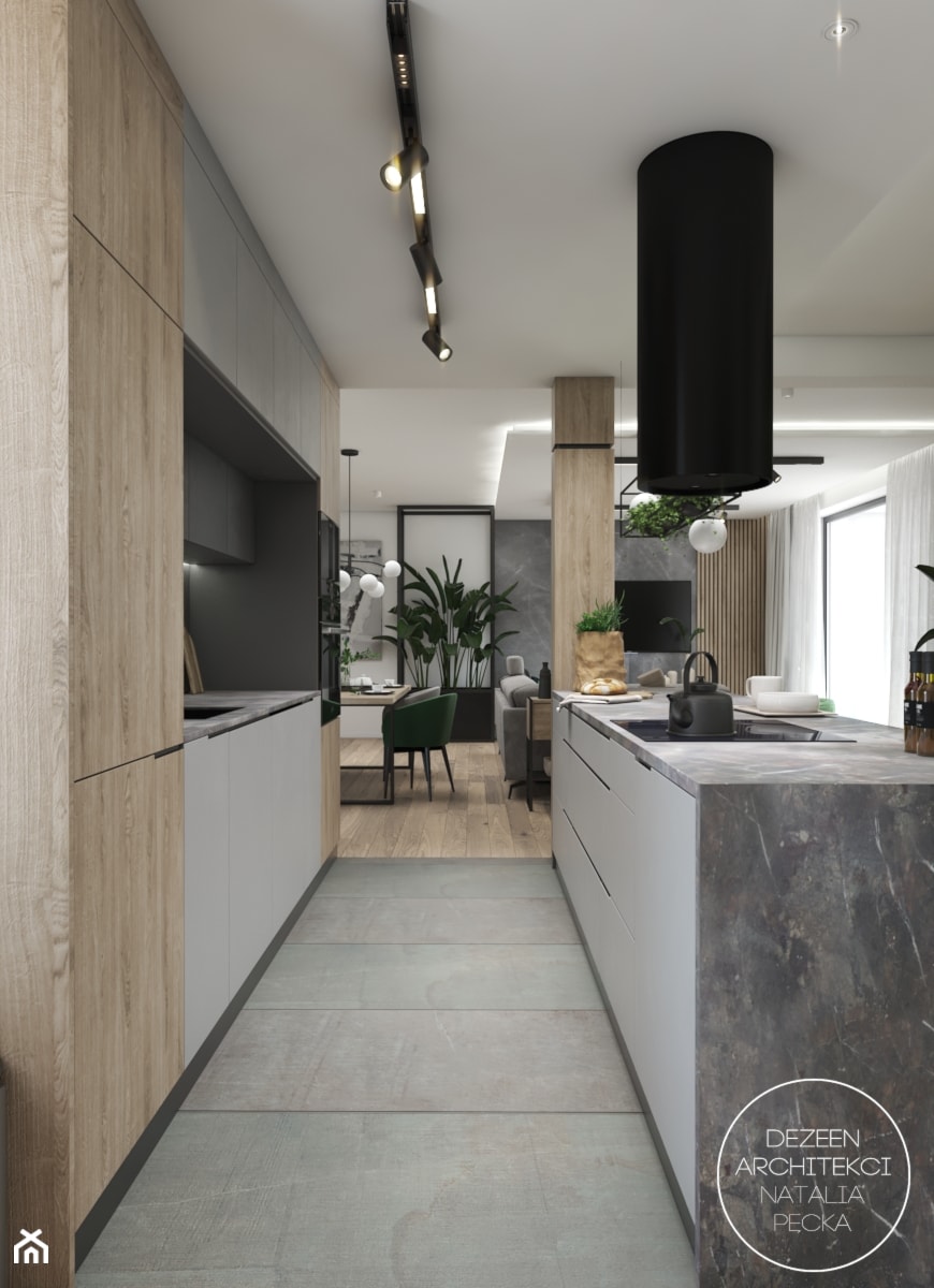 Mieszkanie z nowoczesną i przestronną kuchnią - Średnia otwarta z salonem szara z zabudowaną lodówką kuchnia dwurzędowa z oknem, styl minimalistyczny - zdjęcie od DEZEEN ARCHITEKCI Natalia Pęcka