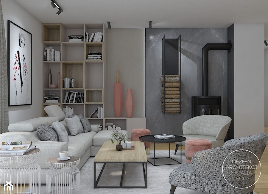 Minimalistyczne wnętrze z koralowymi dodatkami - Średni czarny szary salon, styl skandynawski - zdjęcie od DEZEEN ARCHITEKCI Natalia Pęcka