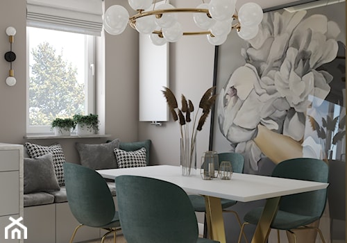 Mieszkanie w stylu nowojorskim ze złotymi dodatkami - Średnia beżowa biała szara jadalnia jako osobne pomieszczenie, styl glamour - zdjęcie od DEZEEN ARCHITEKCI Natalia Pęcka