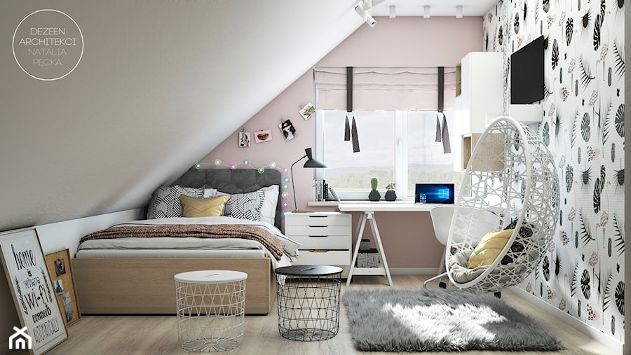 Pokój nastolatki - Średnia beżowa różowa z biurkiem sypialnia na poddaszu, styl nowoczesny - zdjęcie od DEZEEN ARCHITEKCI Natalia Pęcka