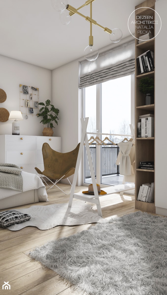 Pokój nastolatki w stylu boho - Średnia biała sypialnia z balkonem / tarasem, styl vintage - zdjęcie od DEZEEN ARCHITEKCI Natalia Pęcka