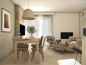 Mieszkanie w naturalnych barwach - Mały beżowy biały salon z jadalnią, styl nowoczesny - zdjęcie od DEZEEN ARCHITEKCI Natalia Pęcka