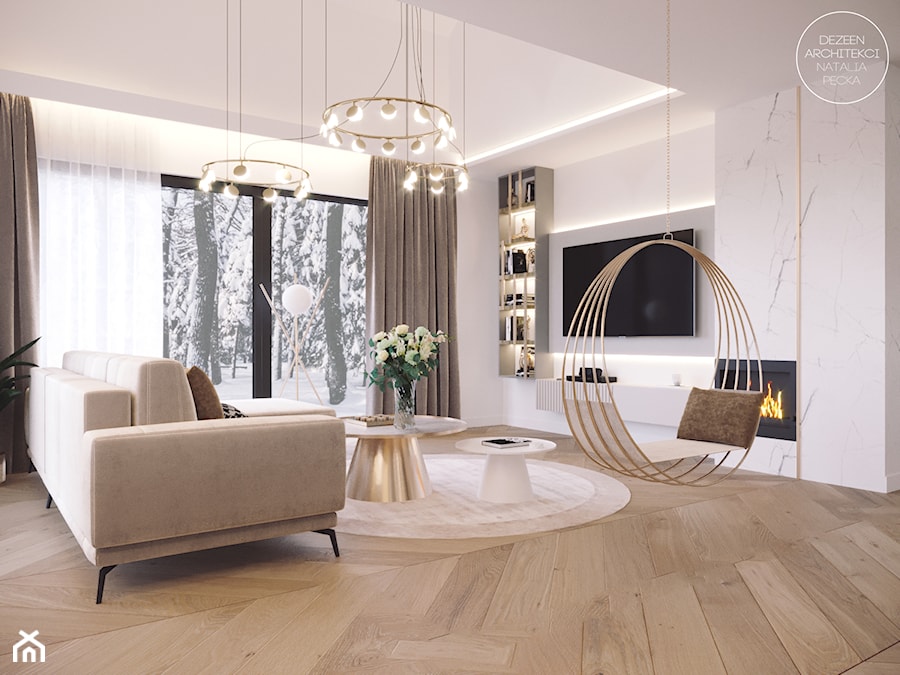 Przytulne, eleganckie wnętrze domu w beżu i złocie - Salon, styl nowoczesny - zdjęcie od DEZEEN ARCHITEKCI Natalia Pęcka