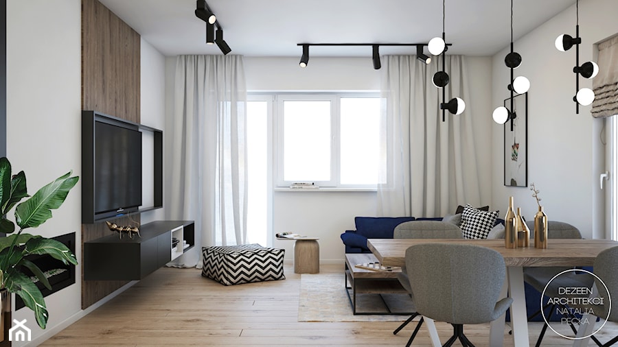 Mieszkanie z klimatyczną sypialnią - Średni biały salon z jadalnią, styl nowoczesny - zdjęcie od DEZEEN ARCHITEKCI Natalia Pęcka