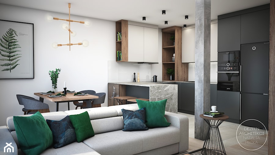 Nowoczesne mieszkanie ze złotymi dodatkami - Średnia biała jadalnia w salonie, styl nowoczesny - zdjęcie od DEZEEN ARCHITEKCI Natalia Pęcka