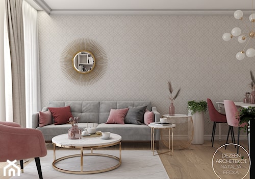 Pastelowe mieszkanie w stylu angielskim - Średni biały szary salon z jadalnią, styl glamour - zdjęcie od DEZEEN ARCHITEKCI Natalia Pęcka