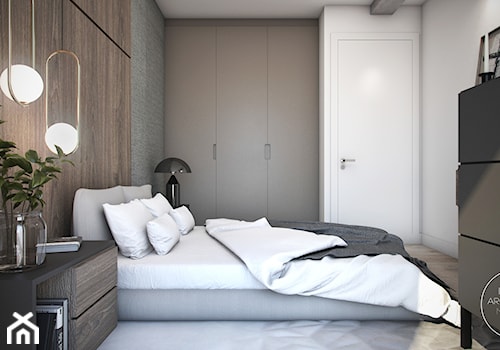 Nowoczesna sypialnia z miedzianymi elementami - Mała beżowa biała szara sypialnia, styl nowoczesny - zdjęcie od DEZEEN ARCHITEKCI Natalia Pęcka