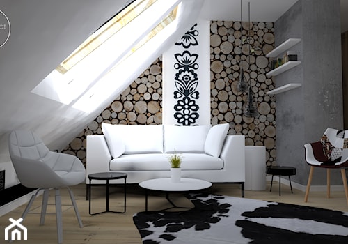 Apartament na poddaszu w Zakopanem - Mały biały szary salon, styl skandynawski - zdjęcie od DEZEEN ARCHITEKCI Natalia Pęcka