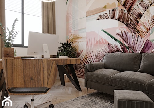 Elegancki przestronny dom w ciepłych barwach - Średnie w osobnym pomieszczeniu z sofą beżowe białe biuro, styl nowoczesny - zdjęcie od DEZEEN ARCHITEKCI Natalia Pęcka