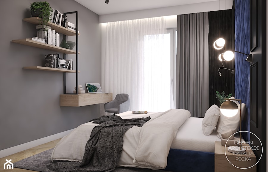 Mieszkanie w ciemnych barwach z dodatkiem zieleni - Mała czarna szara z biurkiem sypialnia, styl nowoczesny - zdjęcie od DEZEEN ARCHITEKCI Natalia Pęcka