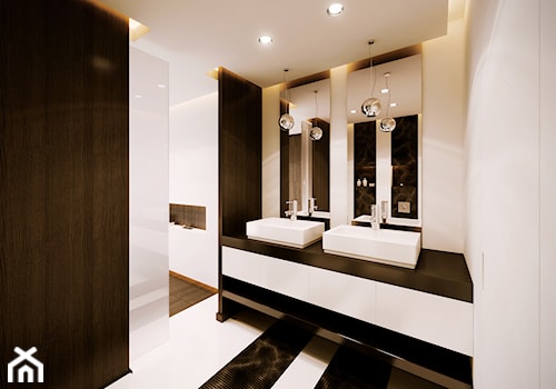 Leszczynowa - łazienka - Średnia bez okna z lustrem z dwoma umywalkami z punktowym oświetleniem łazienka, styl nowoczesny - zdjęcie od kaim.work